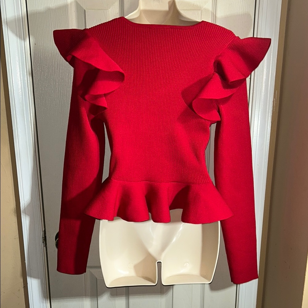 Express Ribbed Sweetheart Neckline Ruffle Peplum Sweater Top - Picture 2 of 2